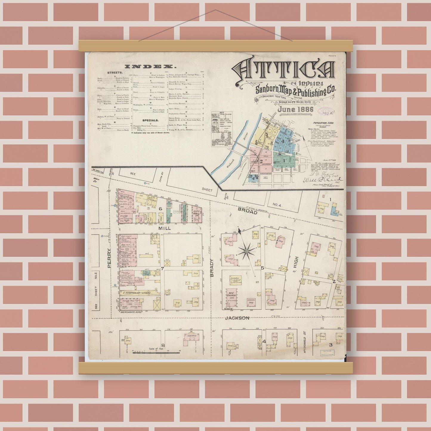 Old map wall art mockup — magnetic wood frame on brick wall — Sanborn Fire Insurance Map from Attica, Fountain County, Indiana (1886), Sheet #0001