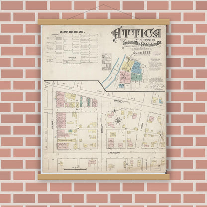 Old map wall art mockup — magnetic wood frame on brick wall — Sanborn Fire Insurance Map from Attica, Fountain County, Indiana (1886), Sheet #0001