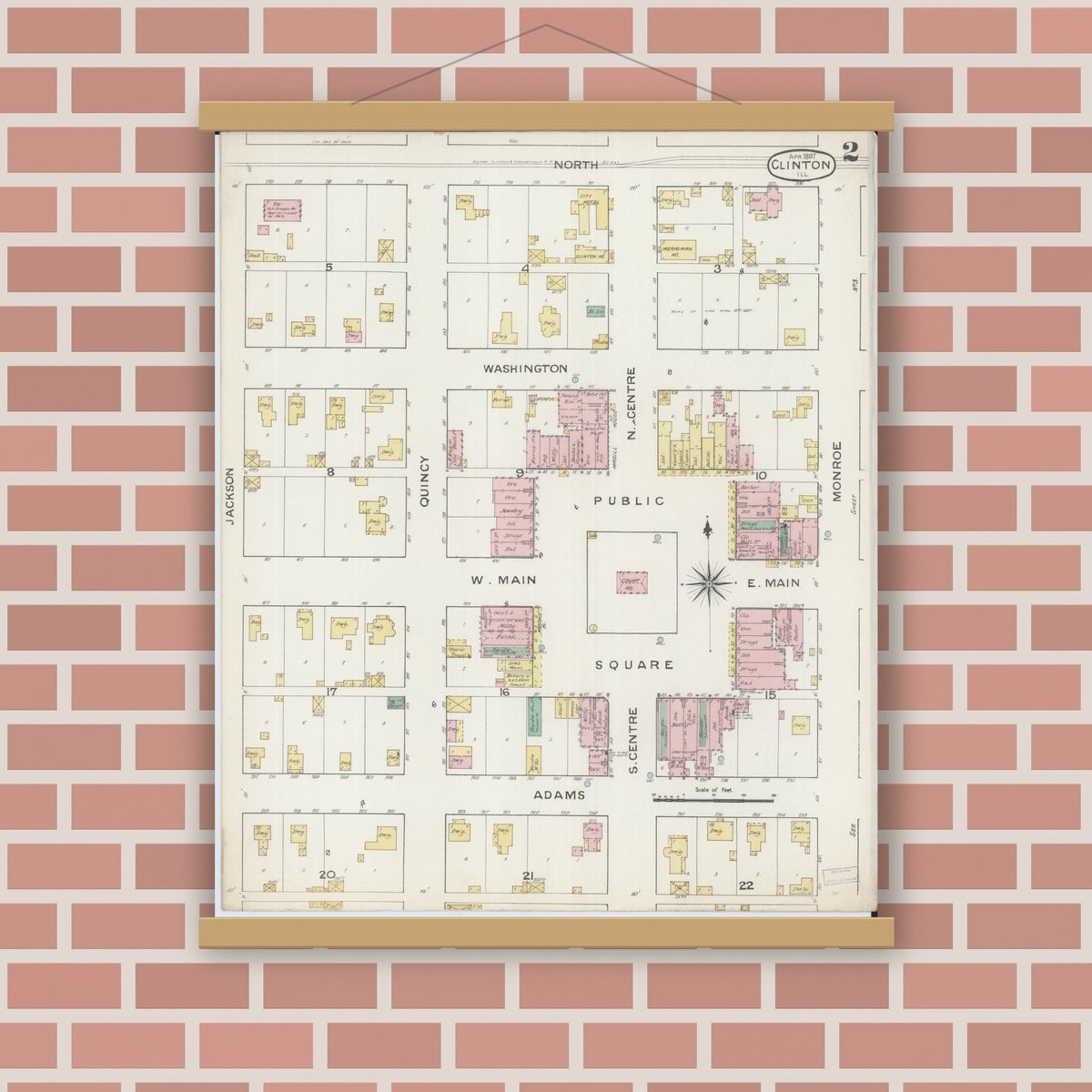 Old map wall art mockup — magnetic wood frame on brick wall — Sanborn Fire Insurance Map from Clinton, De Witt County, Illinois (1887), Sheet #0002