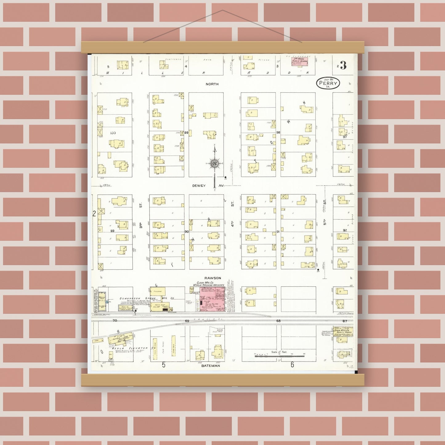 Old map wall art mockup — magnetic wood frame on brick wall — Sanborn Fire Insurance Map from Perry, Dallas County, Iowa (1911), Sheet #0003