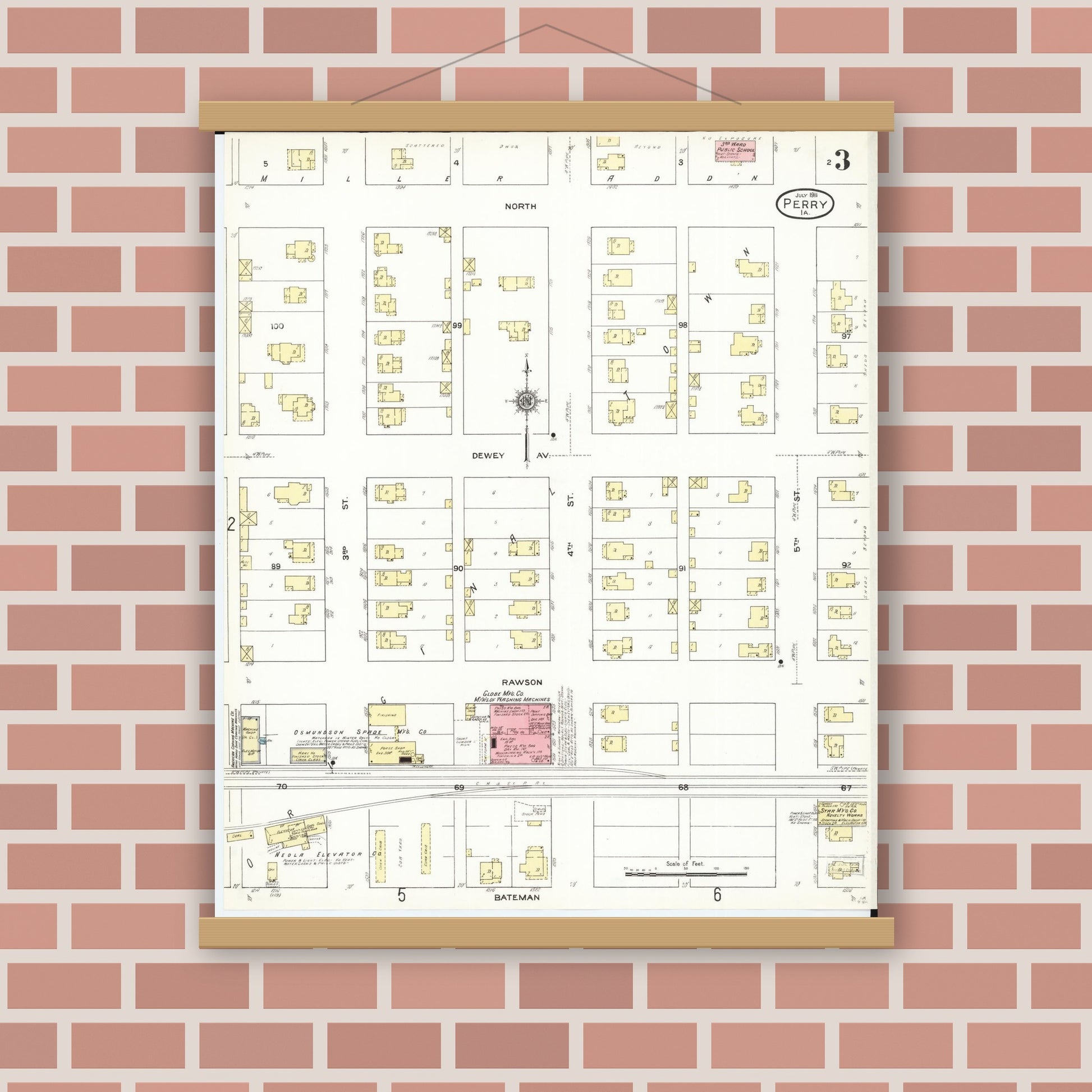 Old map wall art mockup — magnetic wood frame on brick wall — Sanborn Fire Insurance Map from Perry, Dallas County, Iowa (1911), Sheet #0003