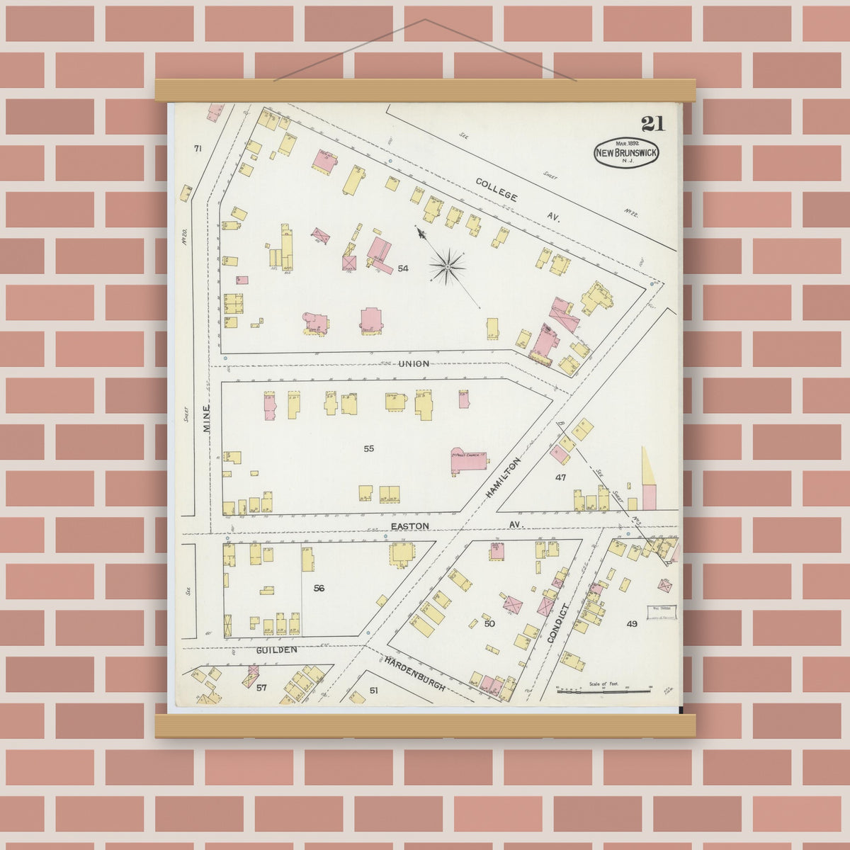 Old map wall art mockup — magnetic wood frame on brick wall — Sanborn Fire Insurance Map from New Brunswick, Middlesex County, New Jersey (1892), Sheet #0021