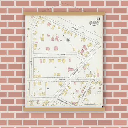 Old map wall art mockup — magnetic wood frame on brick wall — Sanborn Fire Insurance Map from New Brunswick, Middlesex County, New Jersey (1892), Sheet #0021