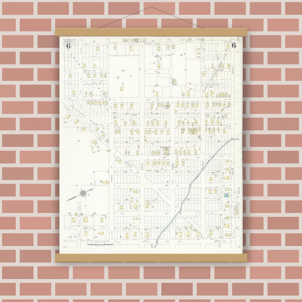Old map wall art mockup — magnetic wood frame on brick wall — Sanborn Fire Insurance Map from Silsbee, Hardin County, Texas (1937), Sheet #0006