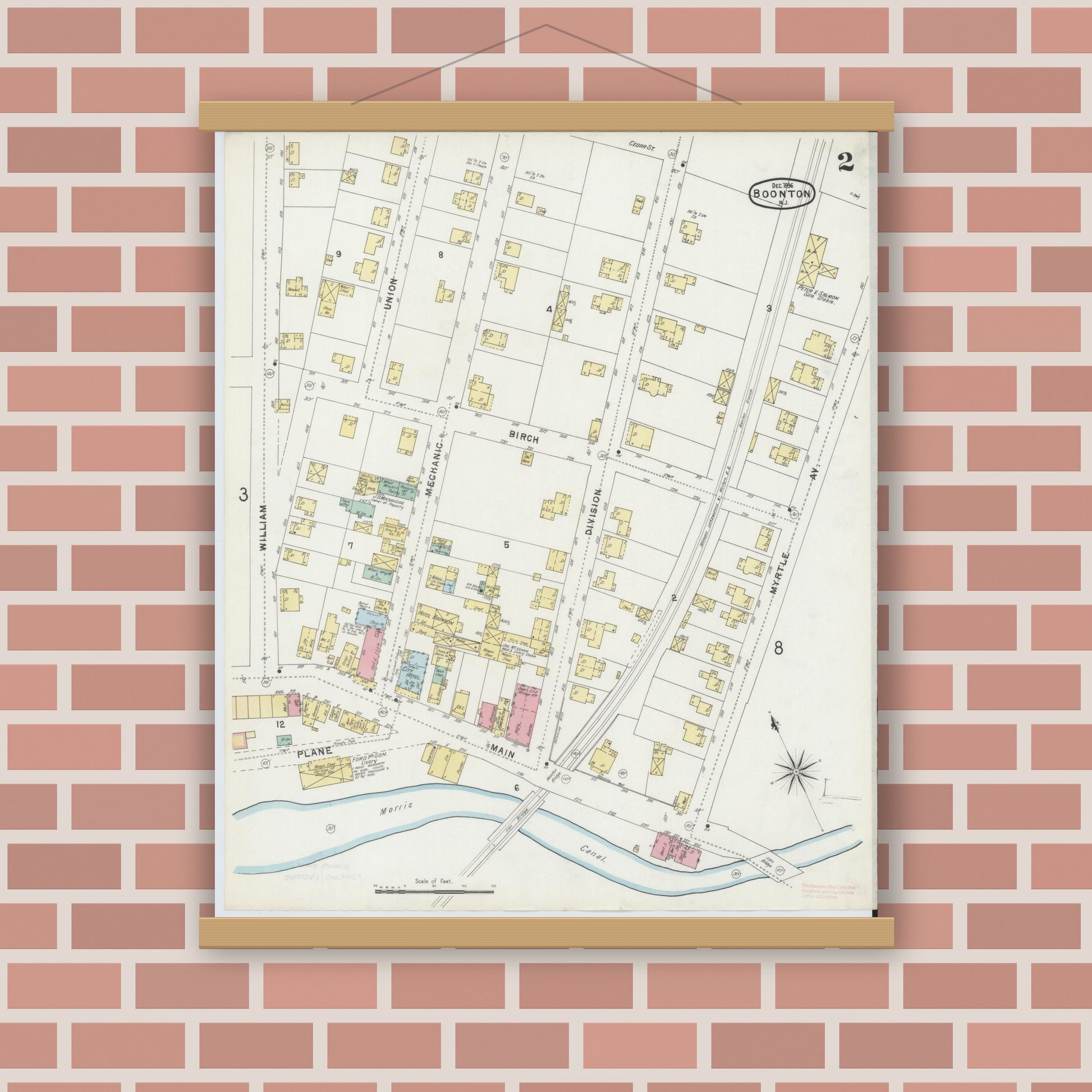 Old map wall art mockup — magnetic wood frame on brick wall — Sanborn Fire Insurance Map from Boonton, Morris County, New Jersey (1896), Sheet #0002