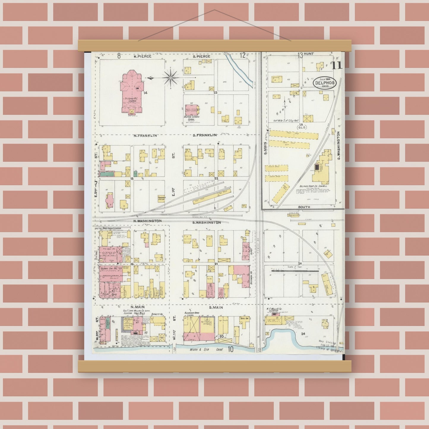 Old map wall art mockup — magnetic wood frame on brick wall — Sanborn Fire Insurance Map from Delphos, Van Wert And Allen Counties, Ohio (1904), Sheet #0011