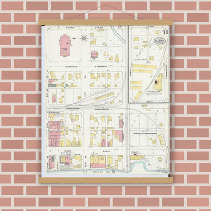 Old map wall art mockup — magnetic wood frame on brick wall — Sanborn Fire Insurance Map from Delphos, Van Wert And Allen Counties, Ohio (1904), Sheet #0011