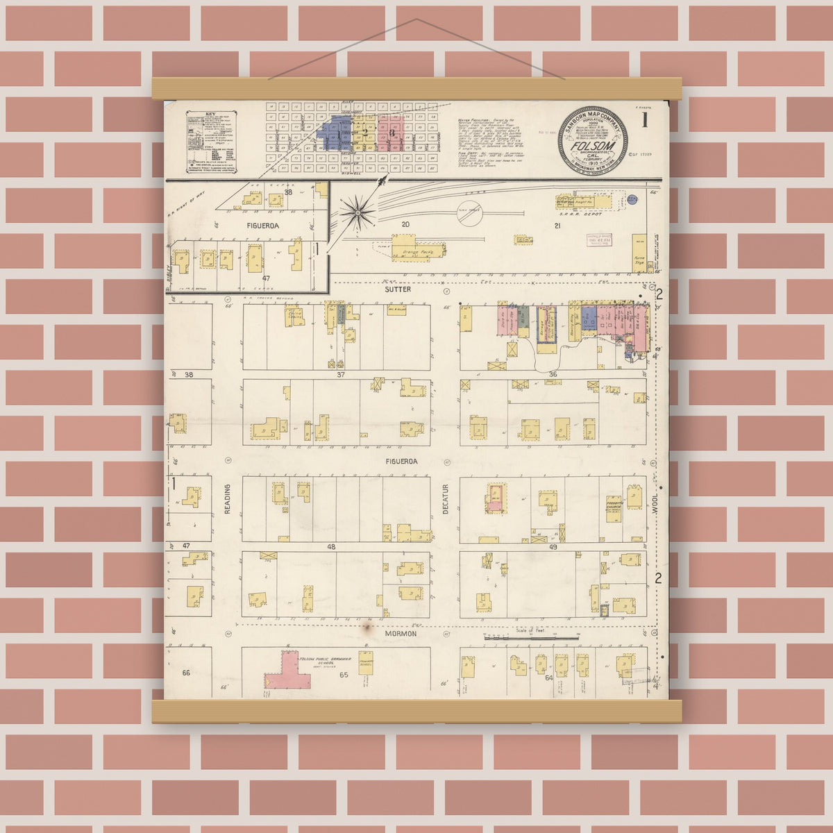 Old map wall art mockup — magnetic wood frame on brick wall — Sanborn Fire Insurance Map from Folsom, Sacramento County, California (1910), Sheet #0001