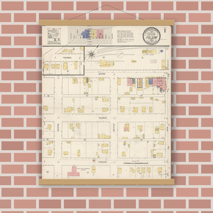 Old map wall art mockup — magnetic wood frame on brick wall — Sanborn Fire Insurance Map from Folsom, Sacramento County, California (1910), Sheet #0001