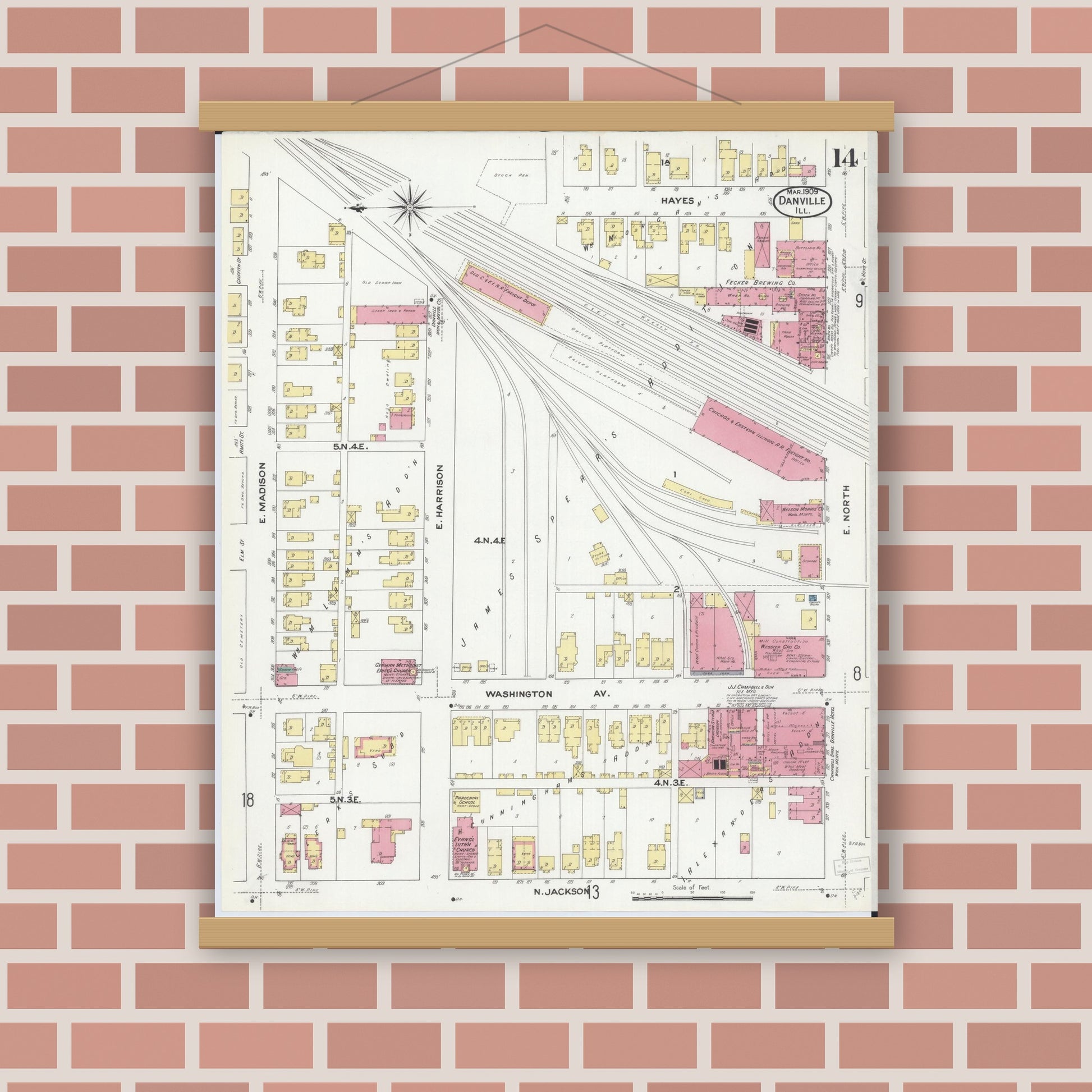 Old map wall art mockup — magnetic wood frame on brick wall — Sanborn Fire Insurance Map from Danville, Vermilion County, Illinois (1909), Sheet #0014