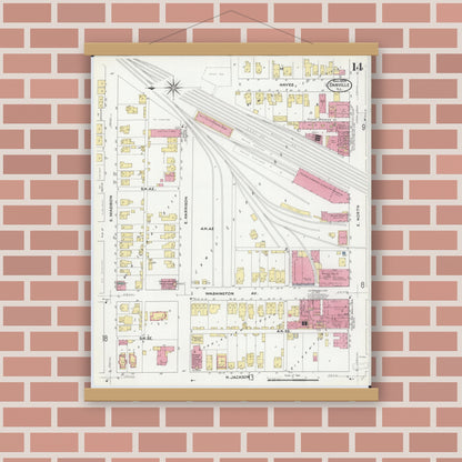 Old map wall art mockup — magnetic wood frame on brick wall — Sanborn Fire Insurance Map from Danville, Vermilion County, Illinois (1909), Sheet #0014