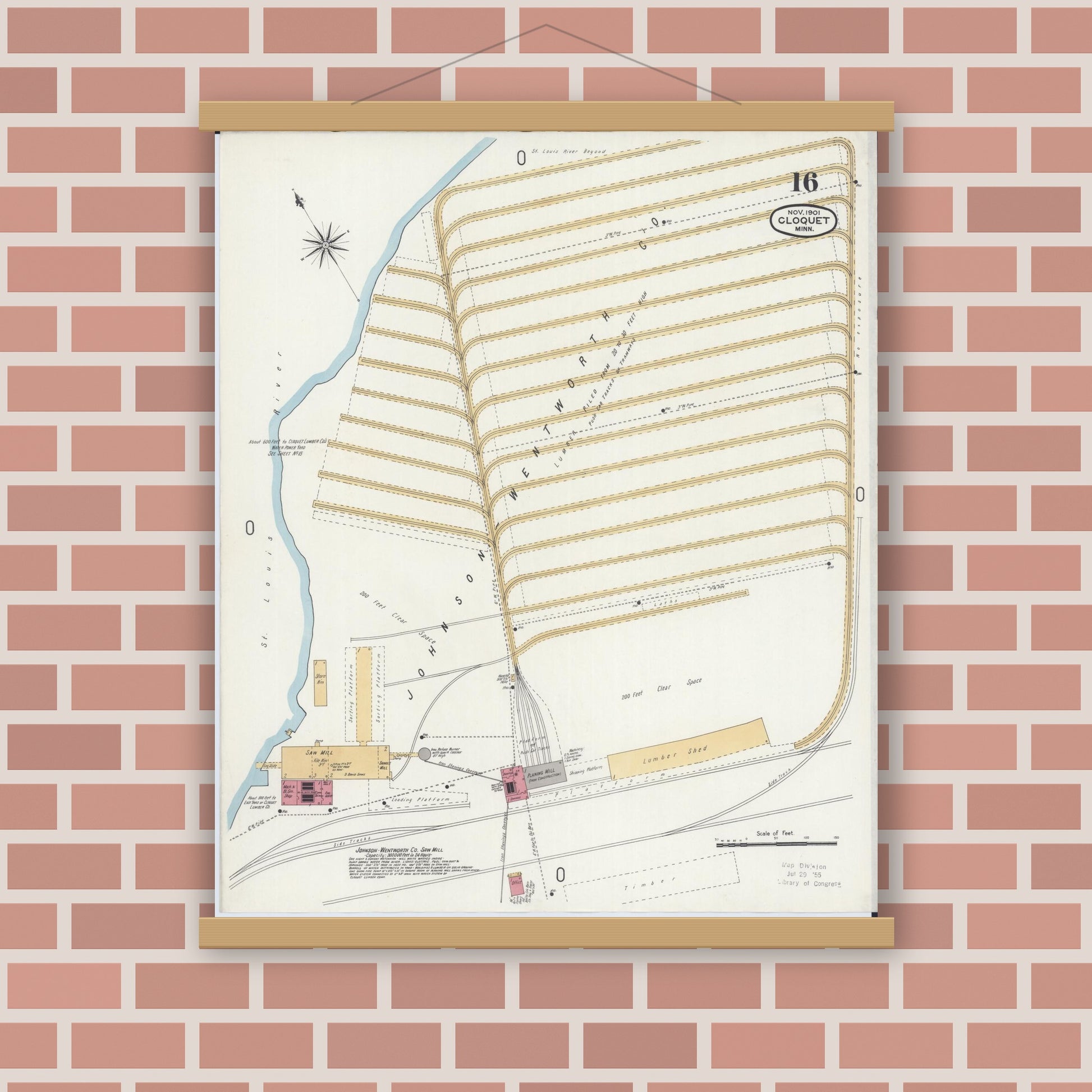Old map wall art mockup — magnetic wood frame on brick wall — Sanborn Fire Insurance Map from Cloquet, Carlton County, Minnesota (1901), Sheet #0016