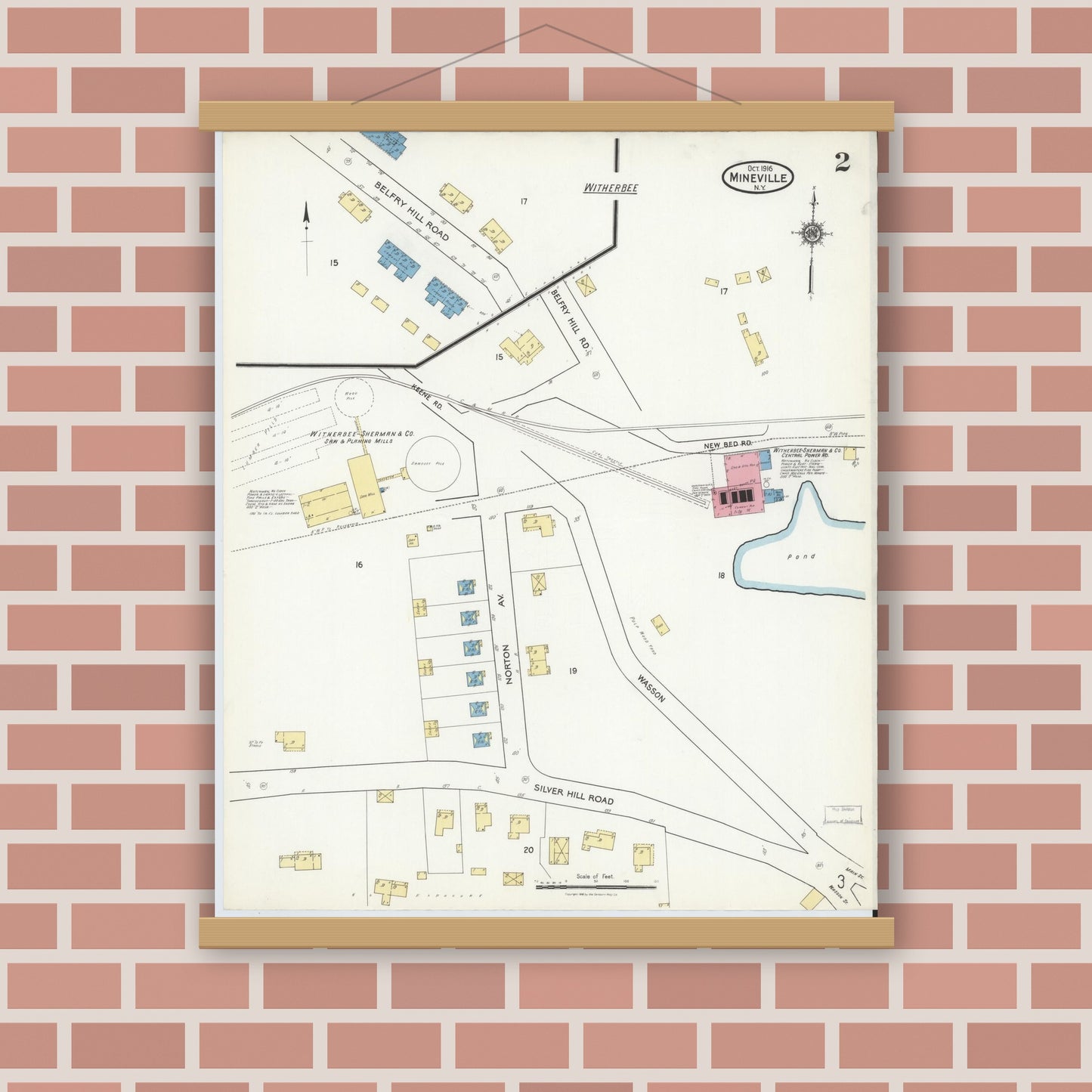 Old map wall art mockup — magnetic wood frame on brick wall — Sanborn Fire Insurance Map from Mineville, Essex County, New York (1916), Sheet #0002