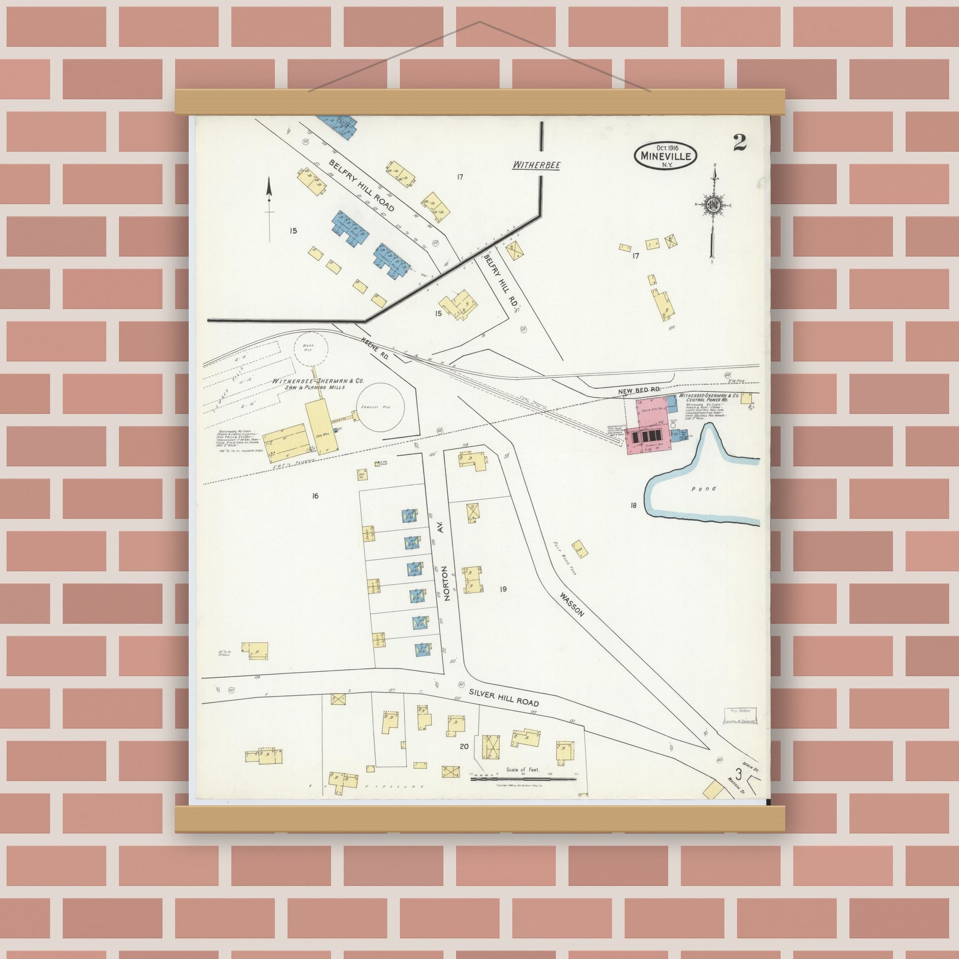 Old map wall art mockup — magnetic wood frame on brick wall — Sanborn Fire Insurance Map from Mineville, Essex County, New York (1916), Sheet #0002