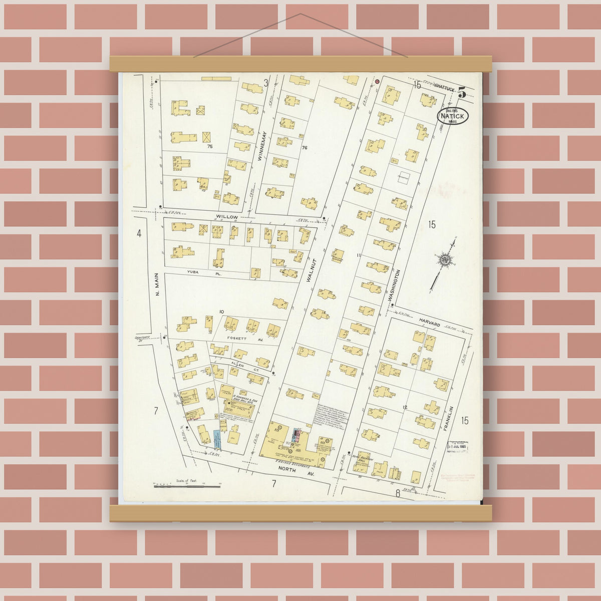 Old map wall art mockup — magnetic wood frame on brick wall — Sanborn Fire Insurance Map from Natick, Middlesex County, Massachusetts (1915), Sheet #0005