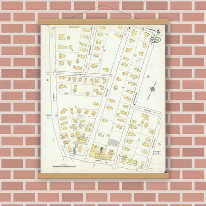 Old map wall art mockup — magnetic wood frame on brick wall — Sanborn Fire Insurance Map from Natick, Middlesex County, Massachusetts (1915), Sheet #0005