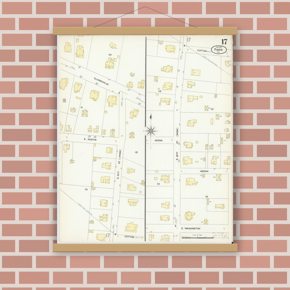 Old map wall art mockup — magnetic wood frame on brick wall — Sanborn Fire Insurance Map from Paris, Lamar County, Texas (1908), Sheet #0017