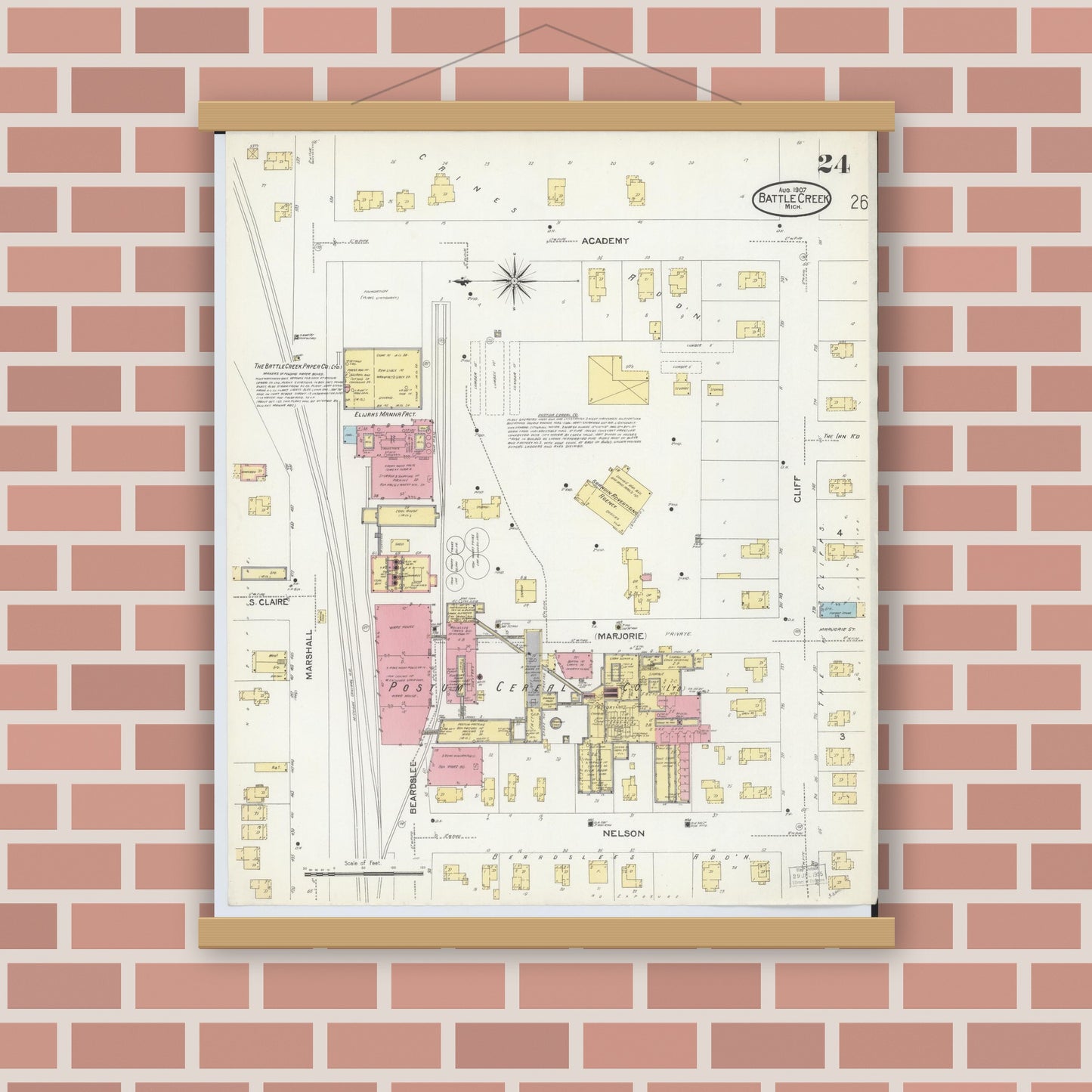 Old map wall art mockup — magnetic wood frame on brick wall — Sanborn Fire Insurance Map from Battle Creek, Calhoun County, Michigan (1907), Sheet #0024
