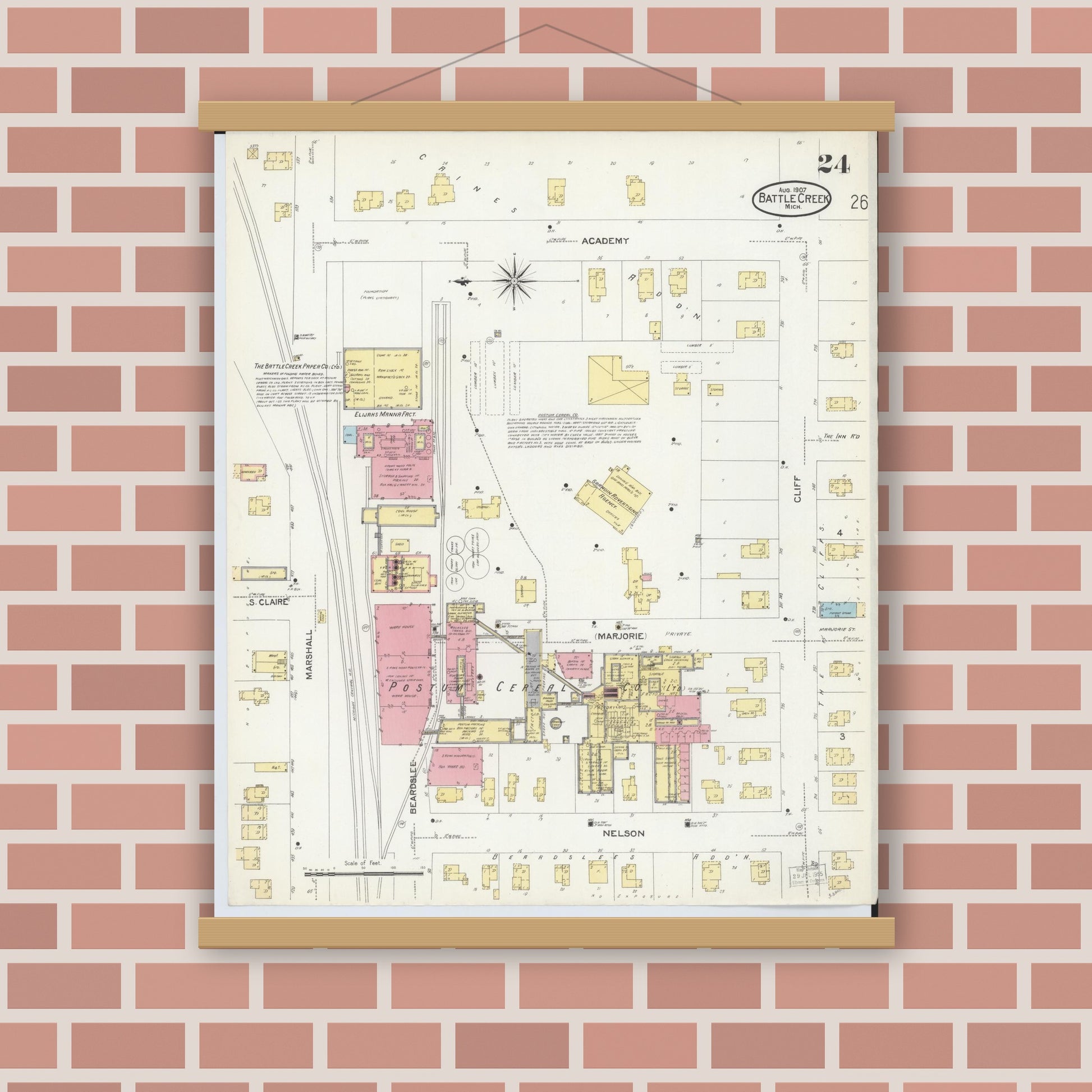 Old map wall art mockup — magnetic wood frame on brick wall — Sanborn Fire Insurance Map from Battle Creek, Calhoun County, Michigan (1907), Sheet #0024