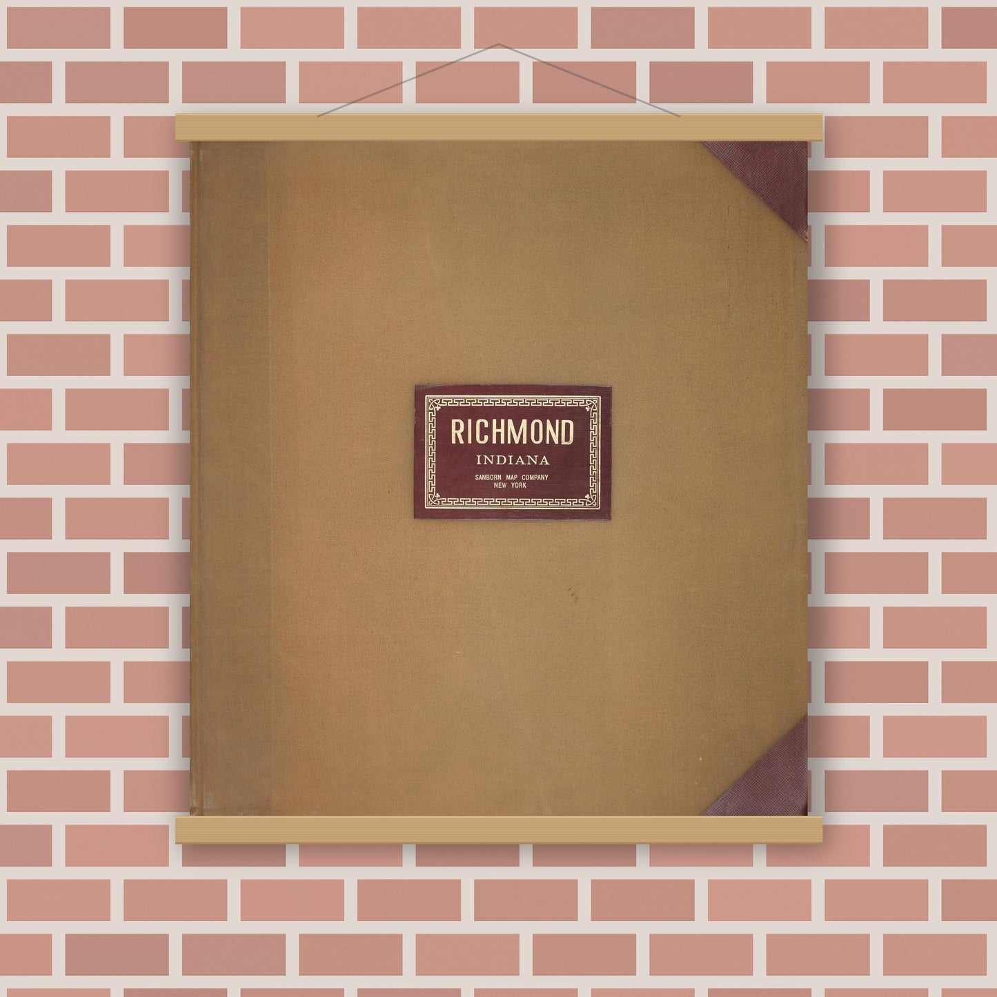 Old map wall art mockup — magnetic wood frame on brick wall — Sanborn Fire Insurance Map from Richmond, Wayne County, Indiana (1950), Sheet #0001
