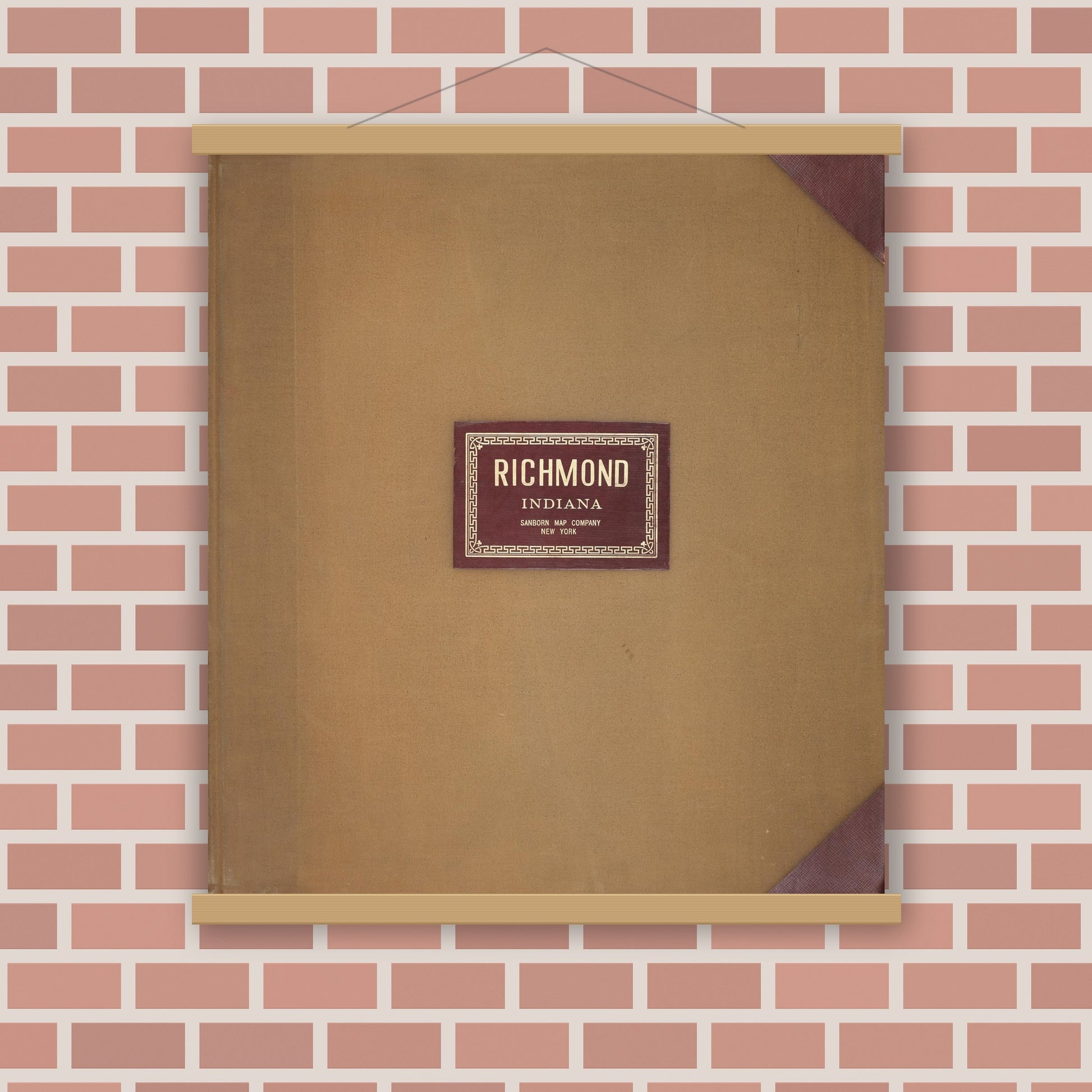 Old map wall art mockup — magnetic wood frame on brick wall — Sanborn Fire Insurance Map from Richmond, Wayne County, Indiana (1950), Sheet #0001