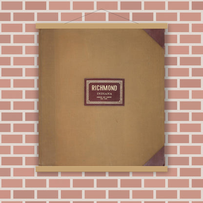 Old map wall art mockup — magnetic wood frame on brick wall — Sanborn Fire Insurance Map from Richmond, Wayne County, Indiana (1950), Sheet #0001