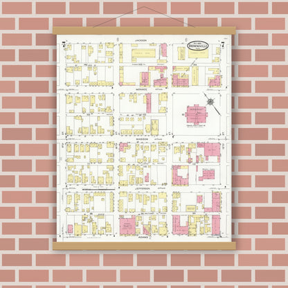 Old map wall art mockup — magnetic wood frame on brick wall — Sanborn Fire Insurance Map from Brownsville, Cameron County, Texas (1926), Sheet #0007