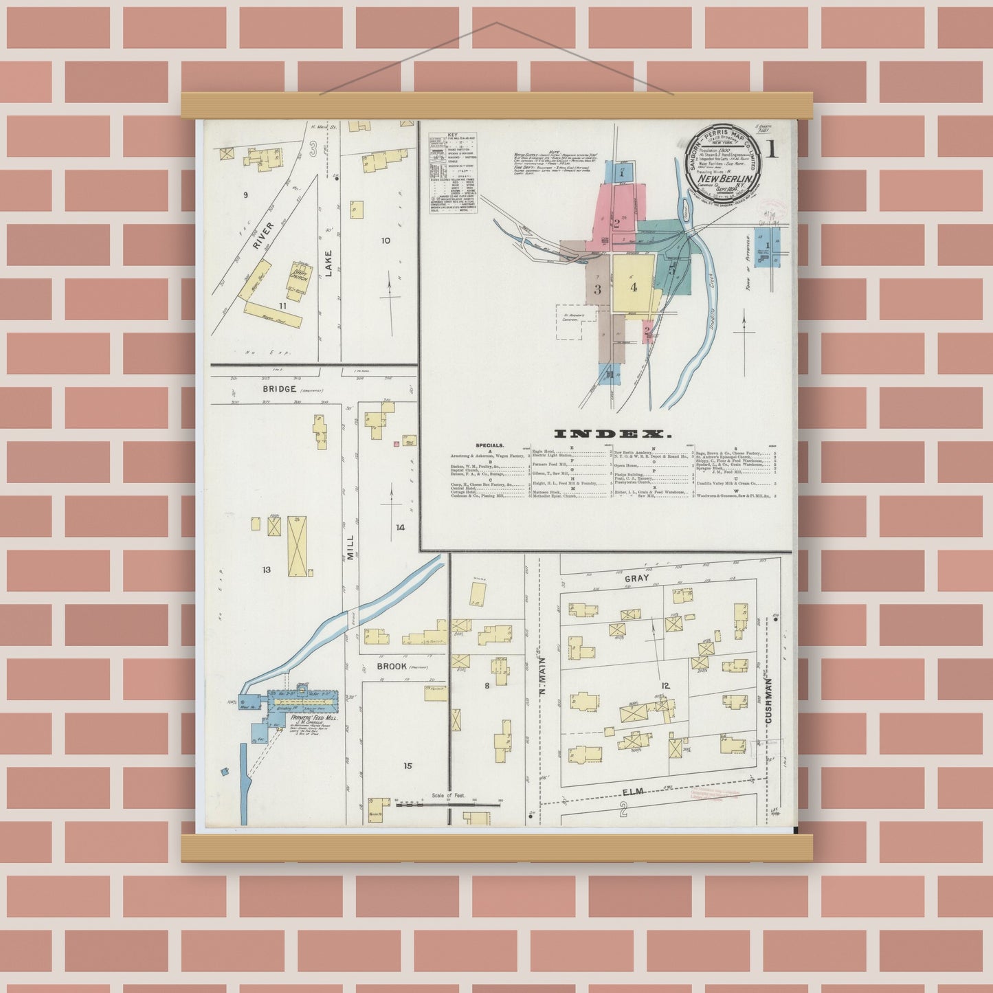Old map wall art mockup — magnetic wood frame on brick wall — Sanborn Fire Insurance Map from New Berlin, Chenango County, New York (1894) - Complete Map Set