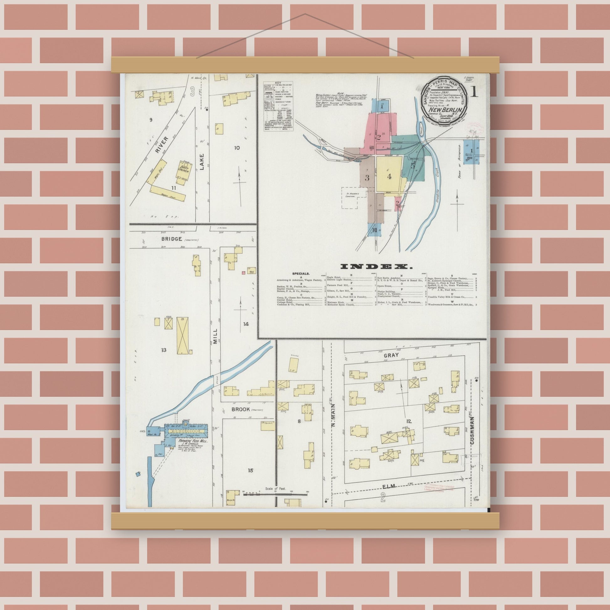 Old map wall art mockup — magnetic wood frame on brick wall — Sanborn Fire Insurance Map from New Berlin, Chenango County, New York (1894) - Complete Map Set