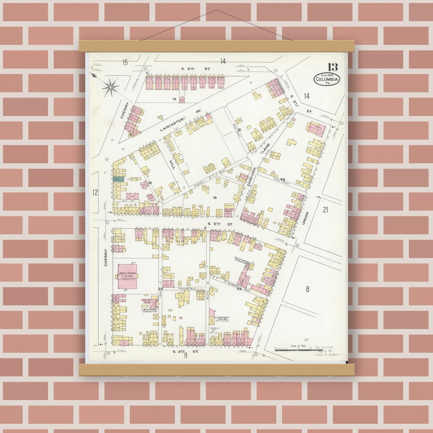 Old map wall art mockup — magnetic wood frame on brick wall — Sanborn Fire Insurance Map from Columbia, Lancaster County, Pennsylvania (1909), Sheet #0013
