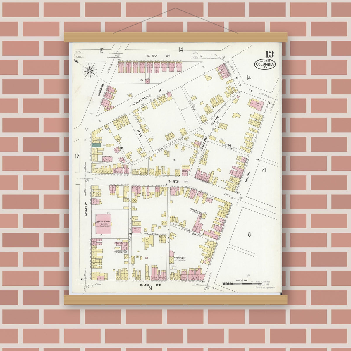 Old map wall art mockup — magnetic wood frame on brick wall — Sanborn Fire Insurance Map from Columbia, Lancaster County, Pennsylvania (1909), Sheet #0013