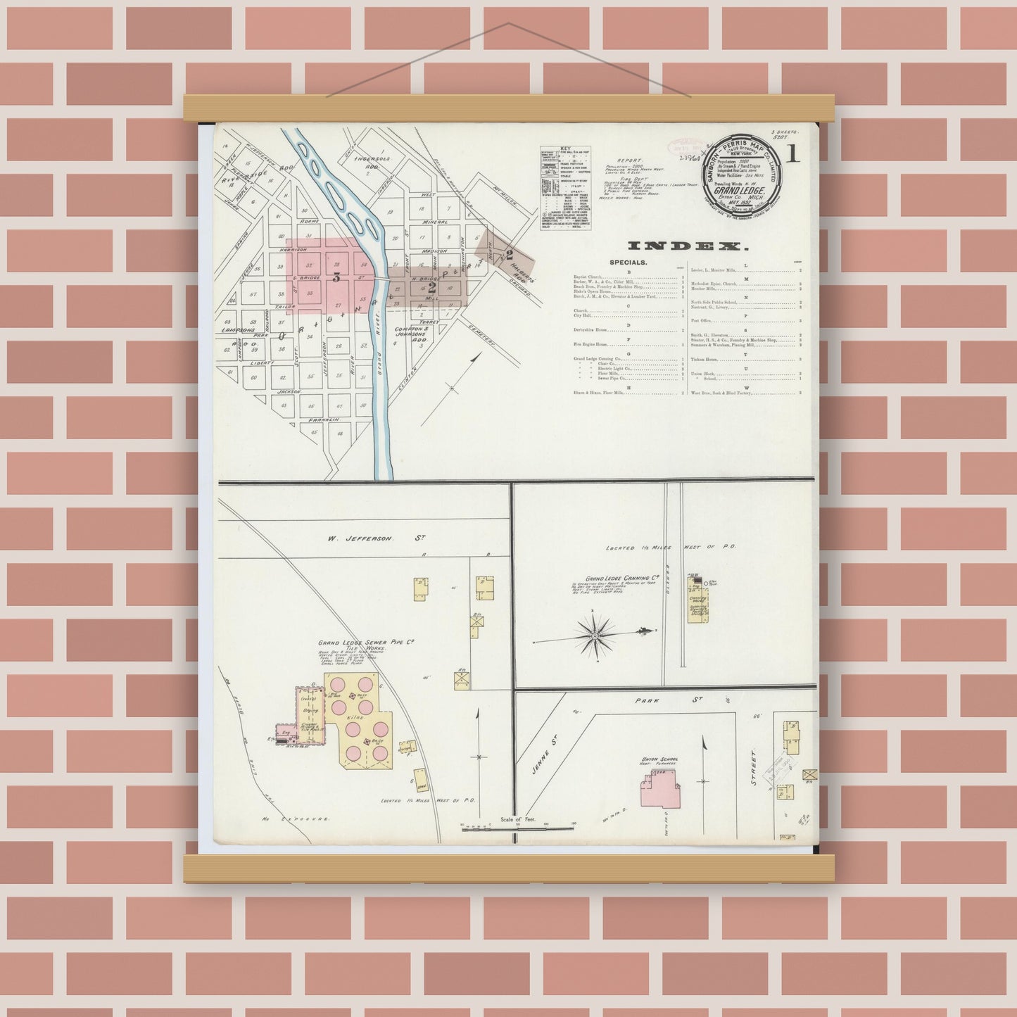Old map wall art mockup — magnetic wood frame on brick wall — Sanborn Fire Insurance Map from Grand Ledge, Eaton County, Michigan (1892) - Complete Map Set