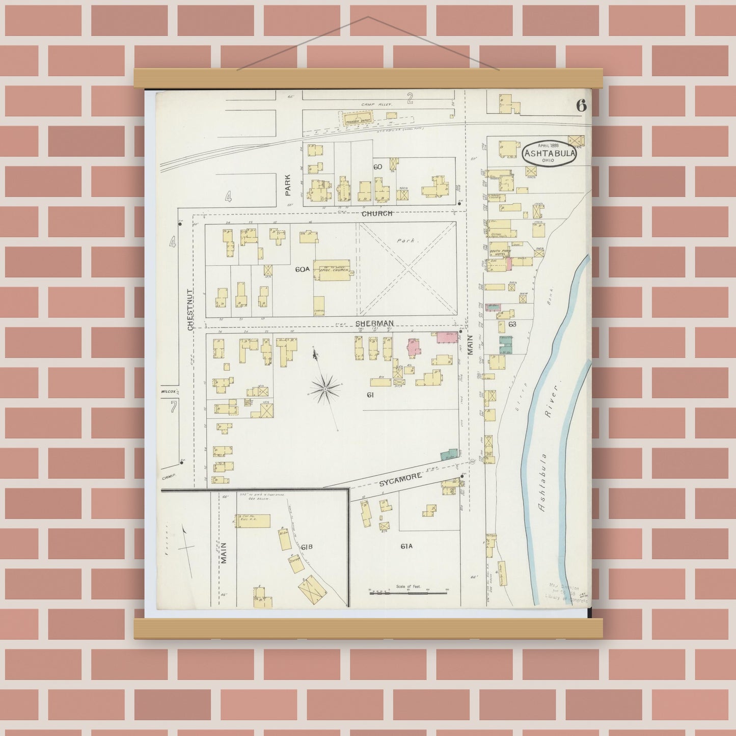 Old map wall art mockup — magnetic wood frame on brick wall — Sanborn Fire Insurance Map from Ashtabula, Ashtabula County, Ohio (1893), Sheet #0006