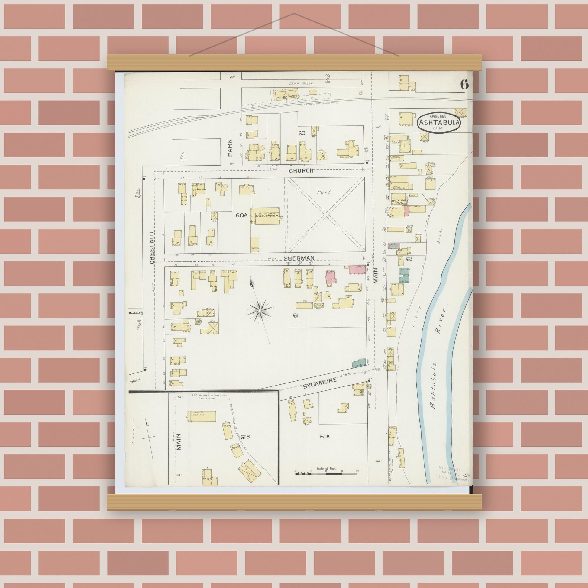Old map wall art mockup — magnetic wood frame on brick wall — Sanborn Fire Insurance Map from Ashtabula, Ashtabula County, Ohio (1893), Sheet #0006