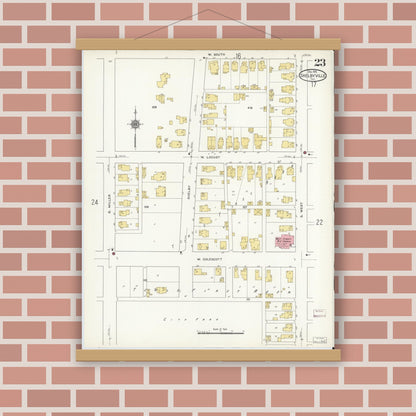 Old map wall art mockup — magnetic wood frame on brick wall — Sanborn Fire Insurance Map from Shelbyville, Shelby County, Indiana (1910), Sheet #0023