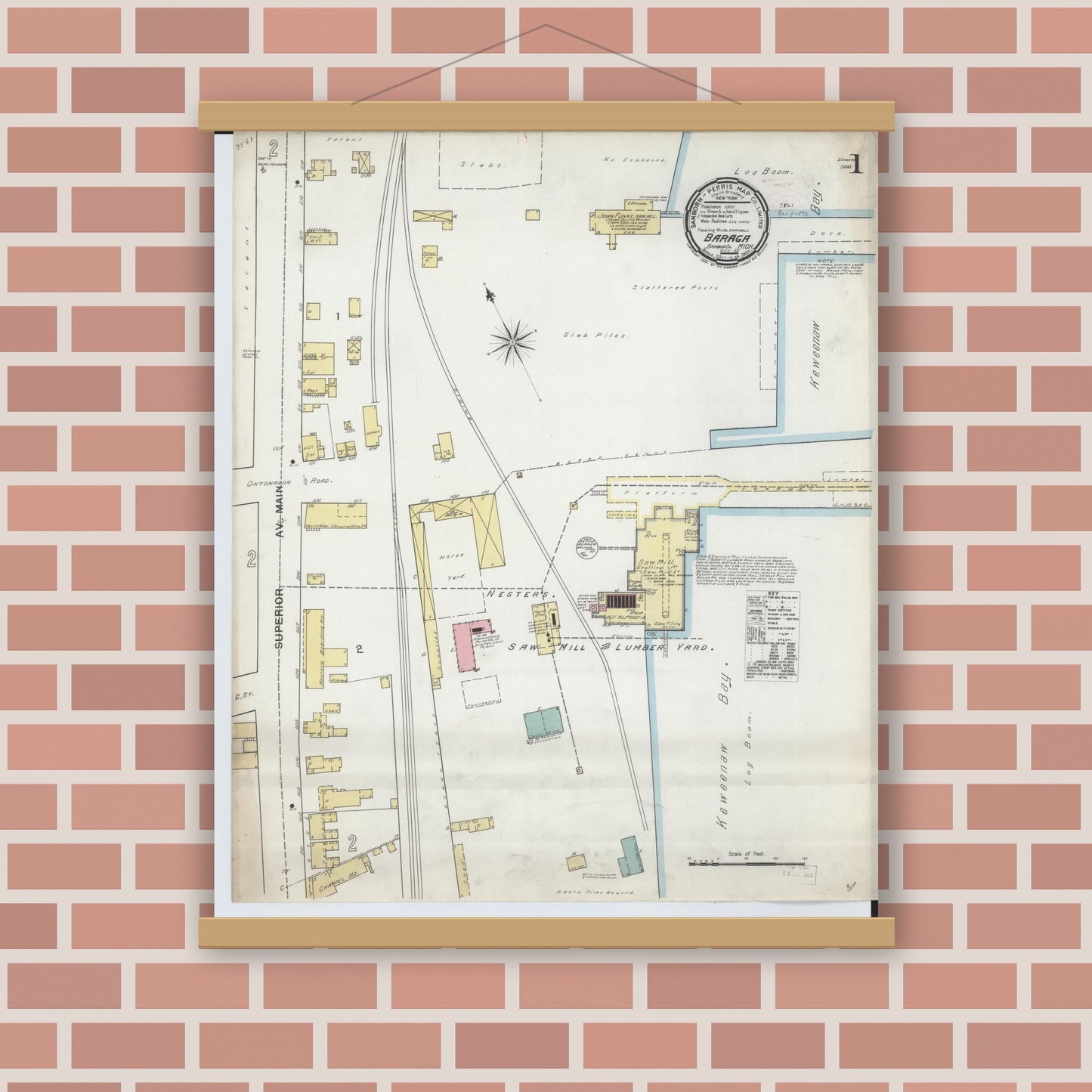 Old map wall art mockup — magnetic wood frame on brick wall — Sanborn Fire Insurance Map from Baraga, Baraga County, Michigan (1892), Sheet #0001