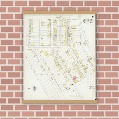 Old map wall art mockup — magnetic wood frame on brick wall — Sanborn Fire Insurance Map from Mauch Chunk, Carbon County, Pennsylvania (1896), Sheet #0007