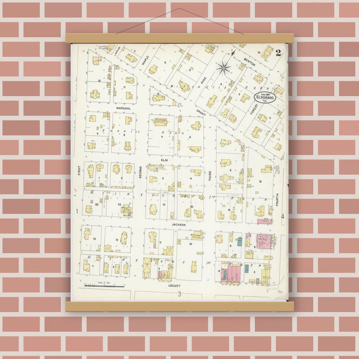 Old map wall art mockup — magnetic wood frame on brick wall — Sanborn Fire Insurance Map from Eldorado, Saline County, Illinois (1907), Sheet #0002