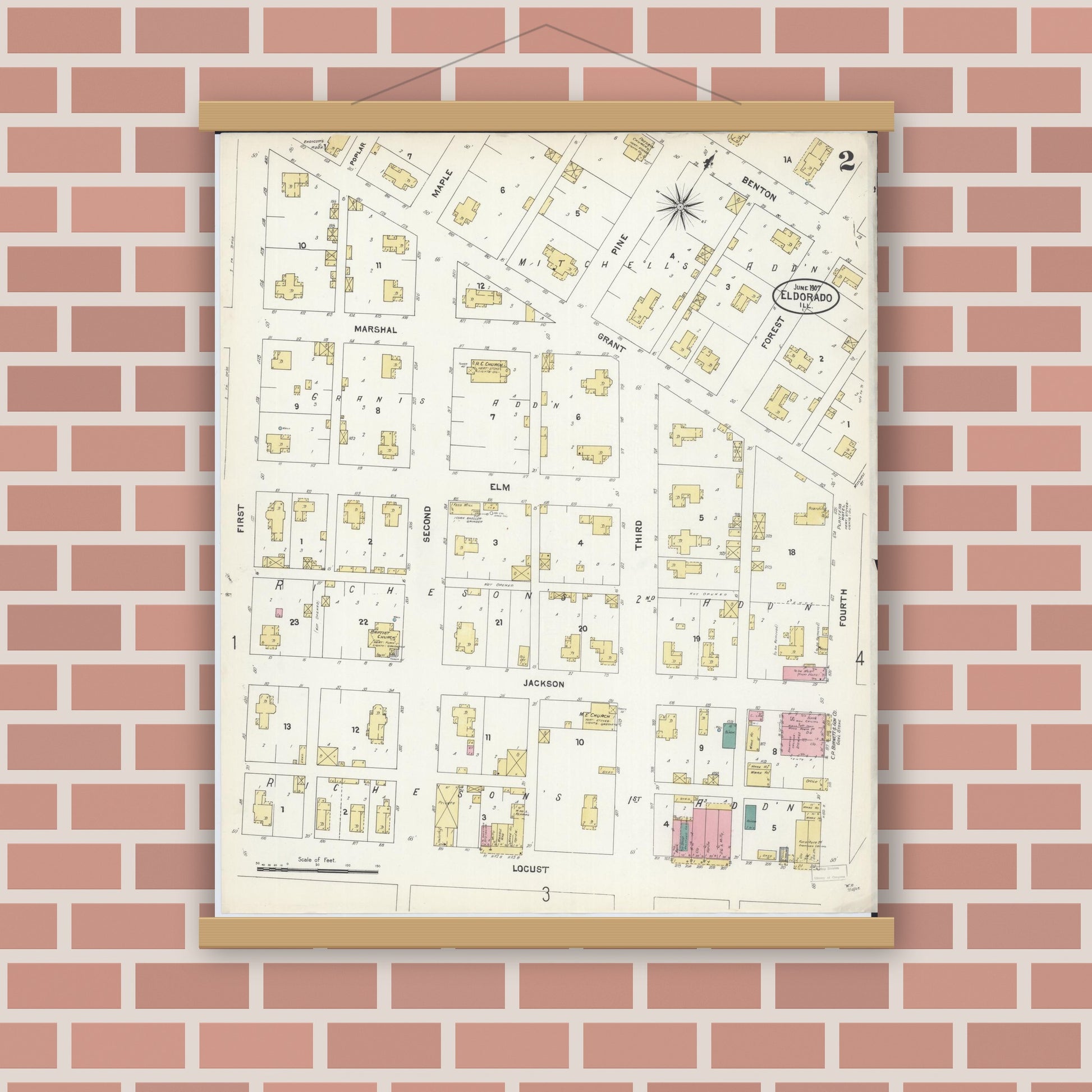 Old map wall art mockup — magnetic wood frame on brick wall — Sanborn Fire Insurance Map from Eldorado, Saline County, Illinois (1907), Sheet #0002