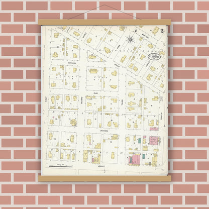Old map wall art mockup — magnetic wood frame on brick wall — Sanborn Fire Insurance Map from Eldorado, Saline County, Illinois (1907), Sheet #0002