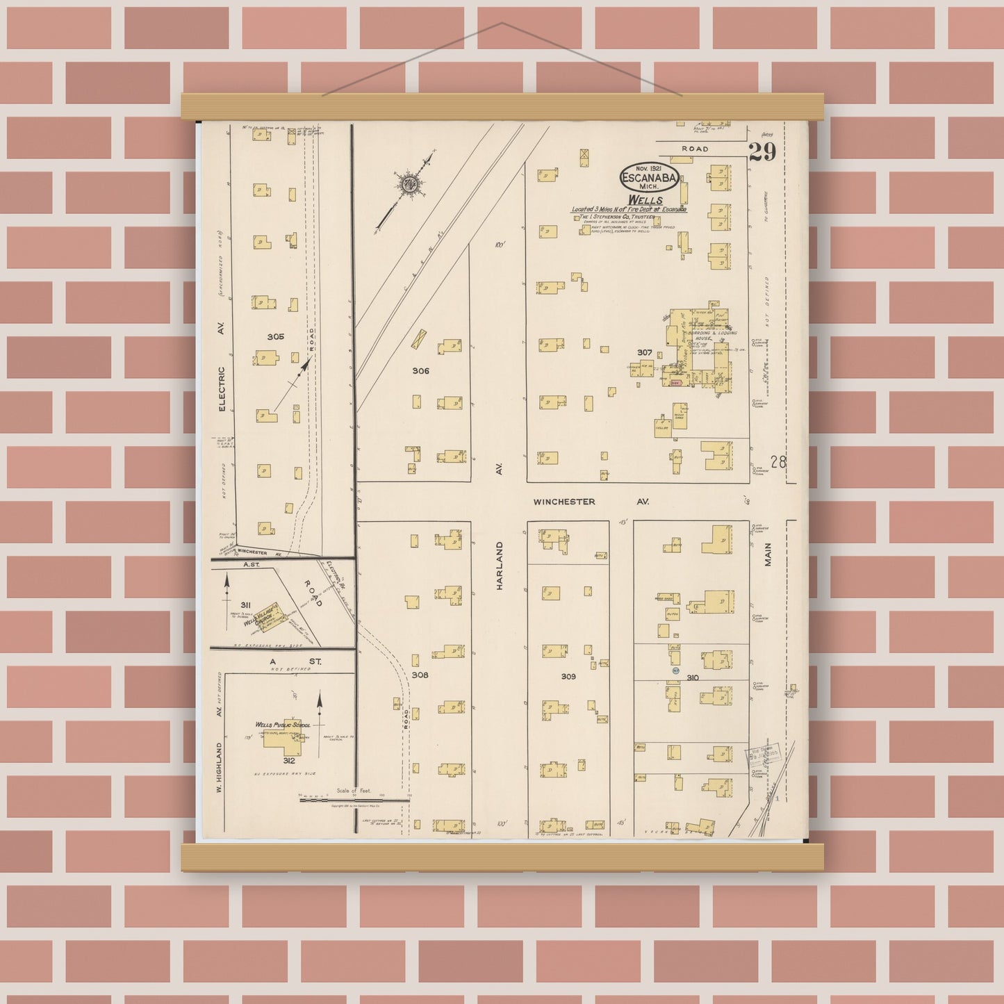 Old map wall art mockup — magnetic wood frame on brick wall — Sanborn Fire Insurance Map from Escanaba, Delta County, Michigan (1921), Sheet #0029
