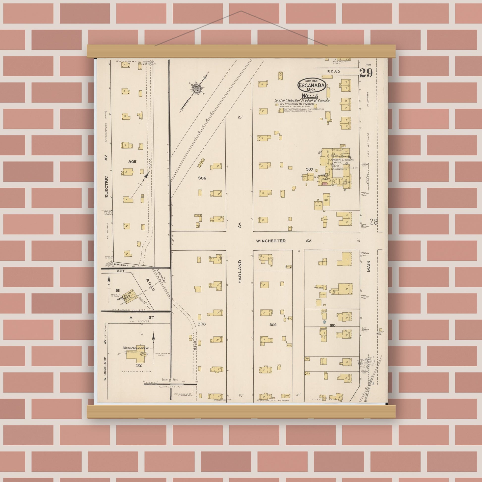 Old map wall art mockup — magnetic wood frame on brick wall — Sanborn Fire Insurance Map from Escanaba, Delta County, Michigan (1921), Sheet #0029