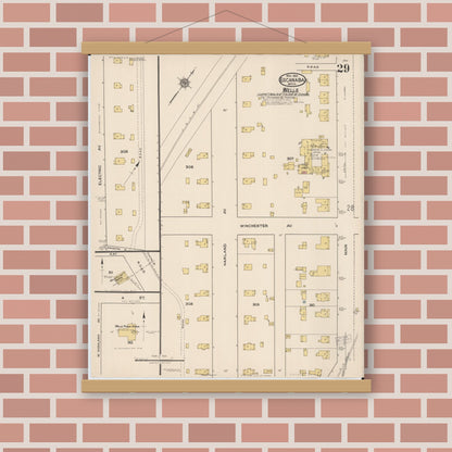 Old map wall art mockup — magnetic wood frame on brick wall — Sanborn Fire Insurance Map from Escanaba, Delta County, Michigan (1921), Sheet #0029