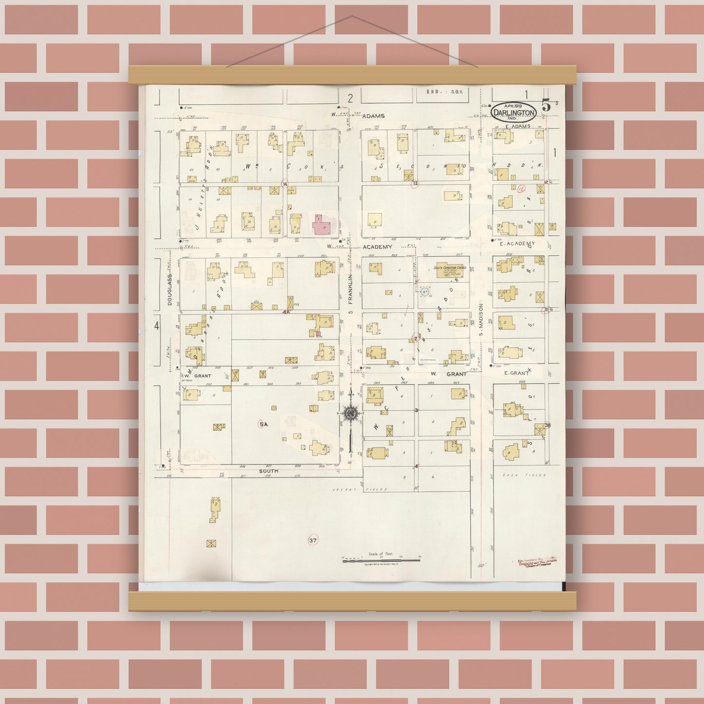 Old map wall art mockup — magnetic wood frame on brick wall — Sanborn Fire Insurance Map from Darlington, Montgomery County, Indiana (1942), Sheet #0005