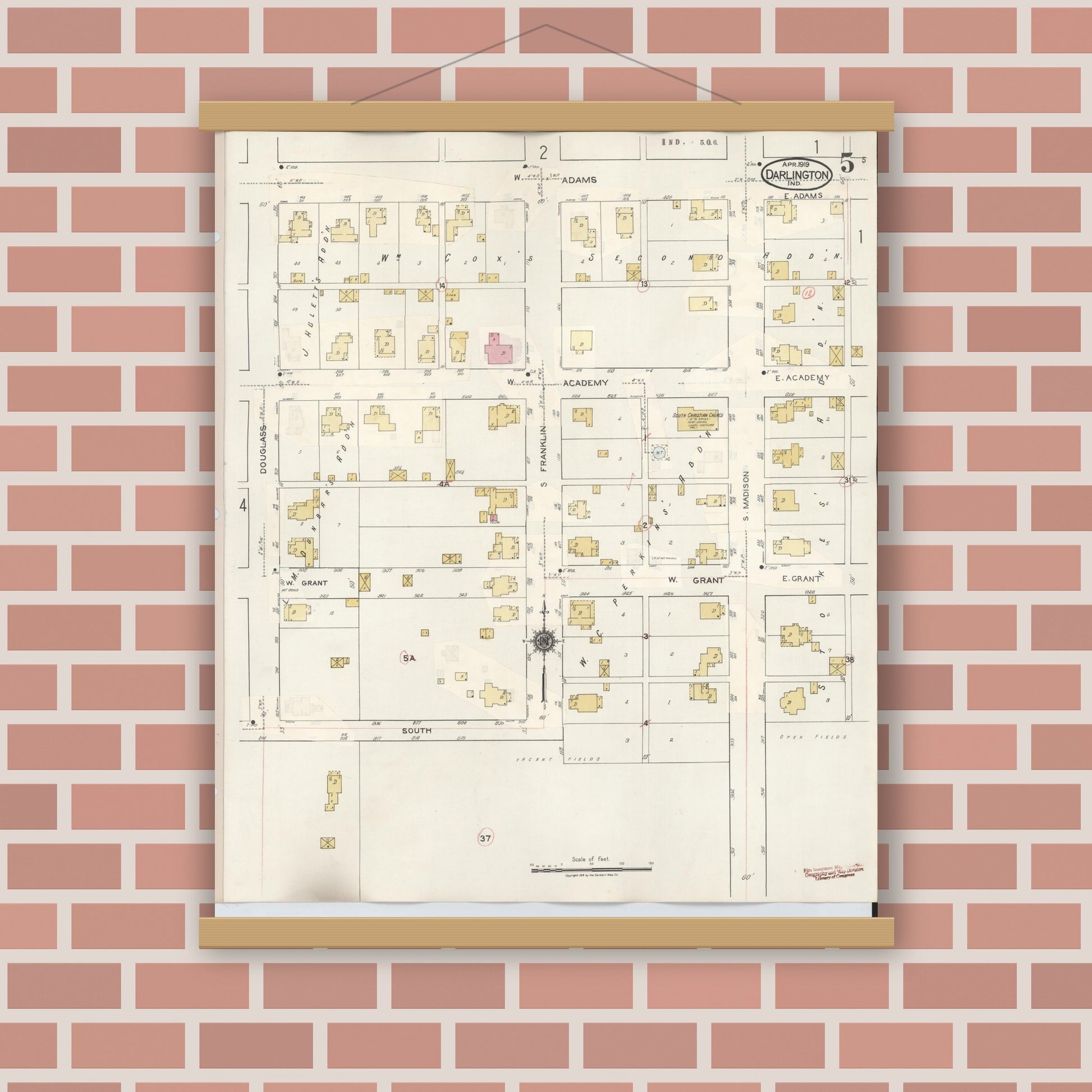 Old map wall art mockup — magnetic wood frame on brick wall — Sanborn Fire Insurance Map from Darlington, Montgomery County, Indiana (1942), Sheet #0005