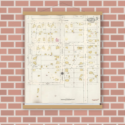 Old map wall art mockup — magnetic wood frame on brick wall — Sanborn Fire Insurance Map from Darlington, Montgomery County, Indiana (1942), Sheet #0005