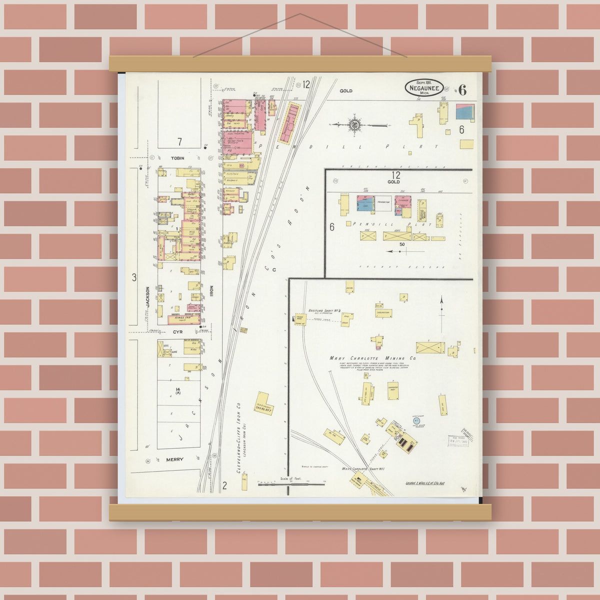 Old map wall art mockup — magnetic wood frame on brick wall — Sanborn Fire Insurance Map from Negaunee, Marquette County, Michigan (1911), Sheet #0006
