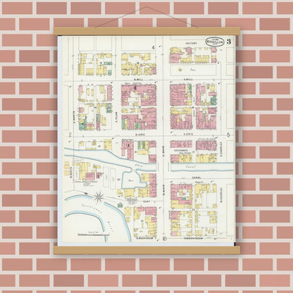 Old map wall art mockup — magnetic wood frame on brick wall — Sanborn Fire Insurance Map from Massillon, Stark County, Ohio (1896), Sheet #0003