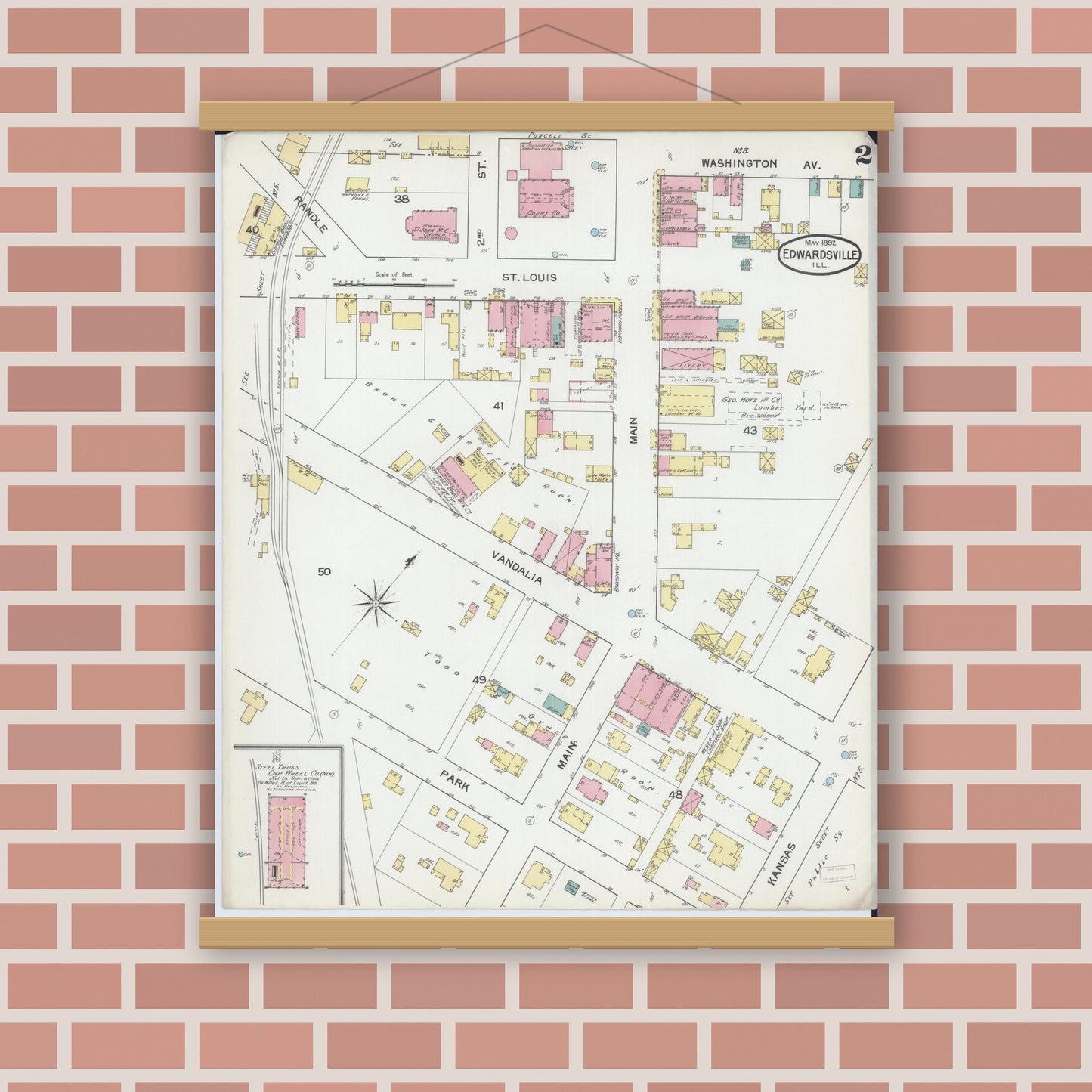 Old map wall art mockup — magnetic wood frame on brick wall — Sanborn Fire Insurance Map from Edwardsville, Madison County, Illinois (1892), Sheet #0002