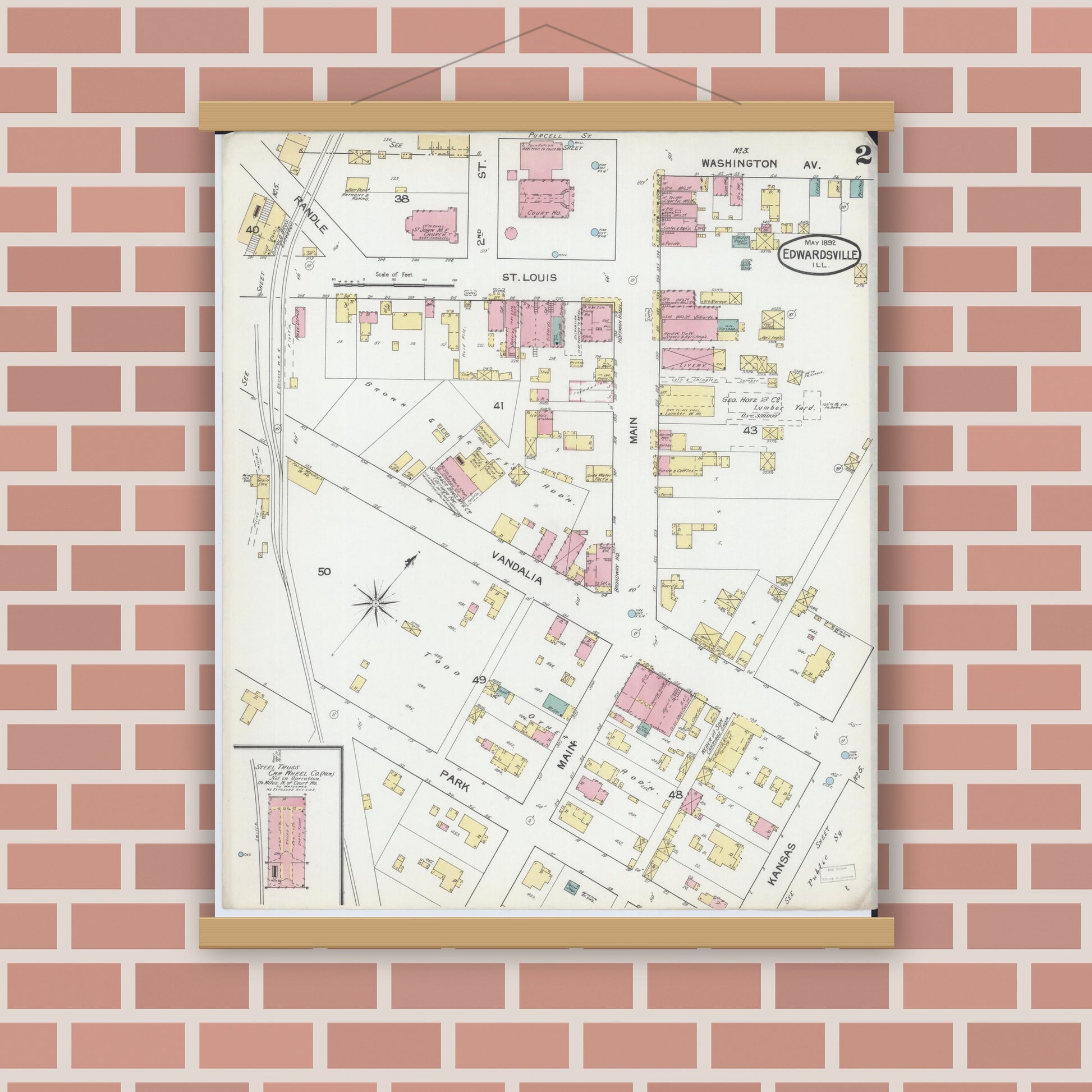 Old map wall art mockup — magnetic wood frame on brick wall — Sanborn Fire Insurance Map from Edwardsville, Madison County, Illinois (1892), Sheet #0002